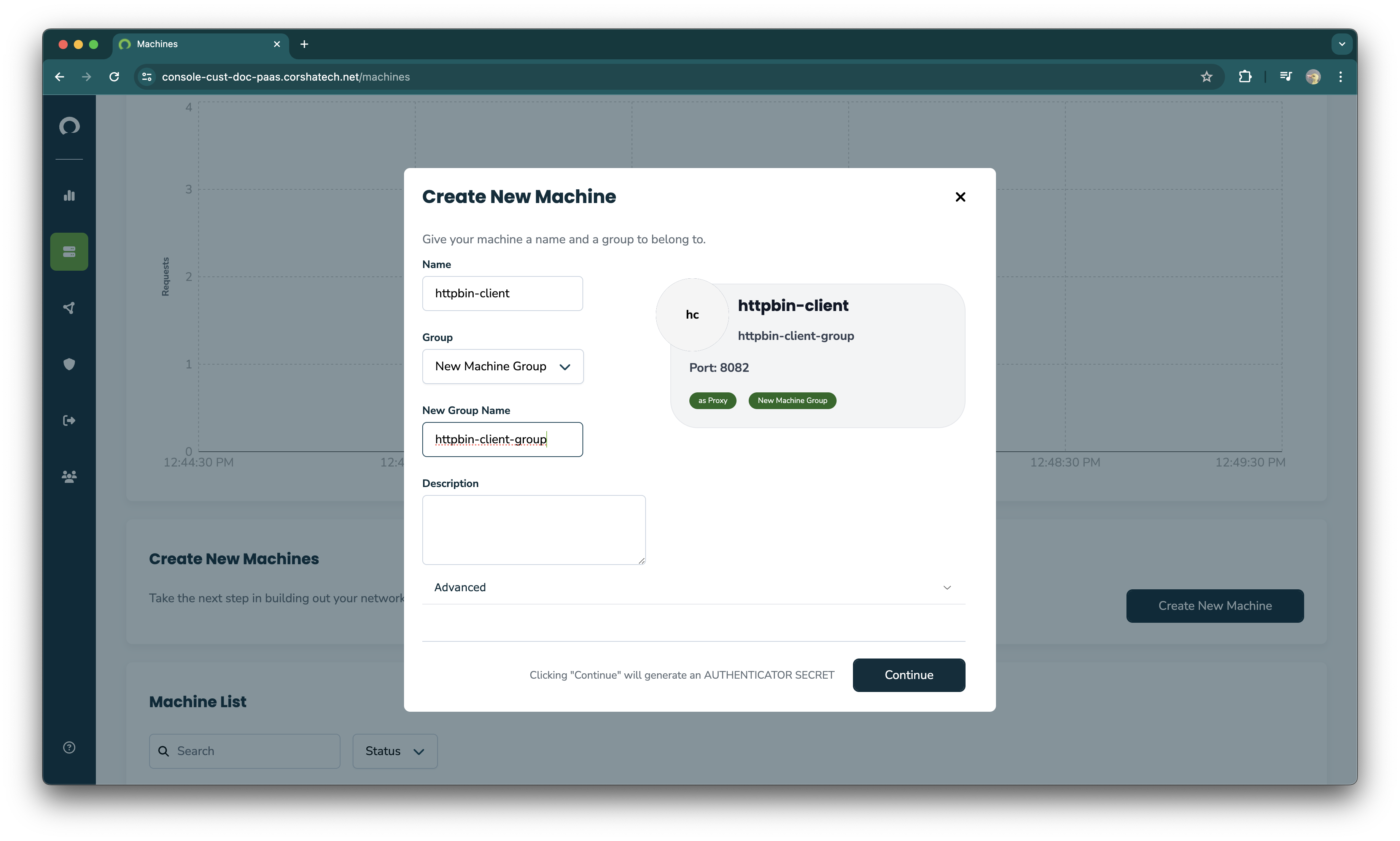 New Authenticator wizard prompt to define a new machine